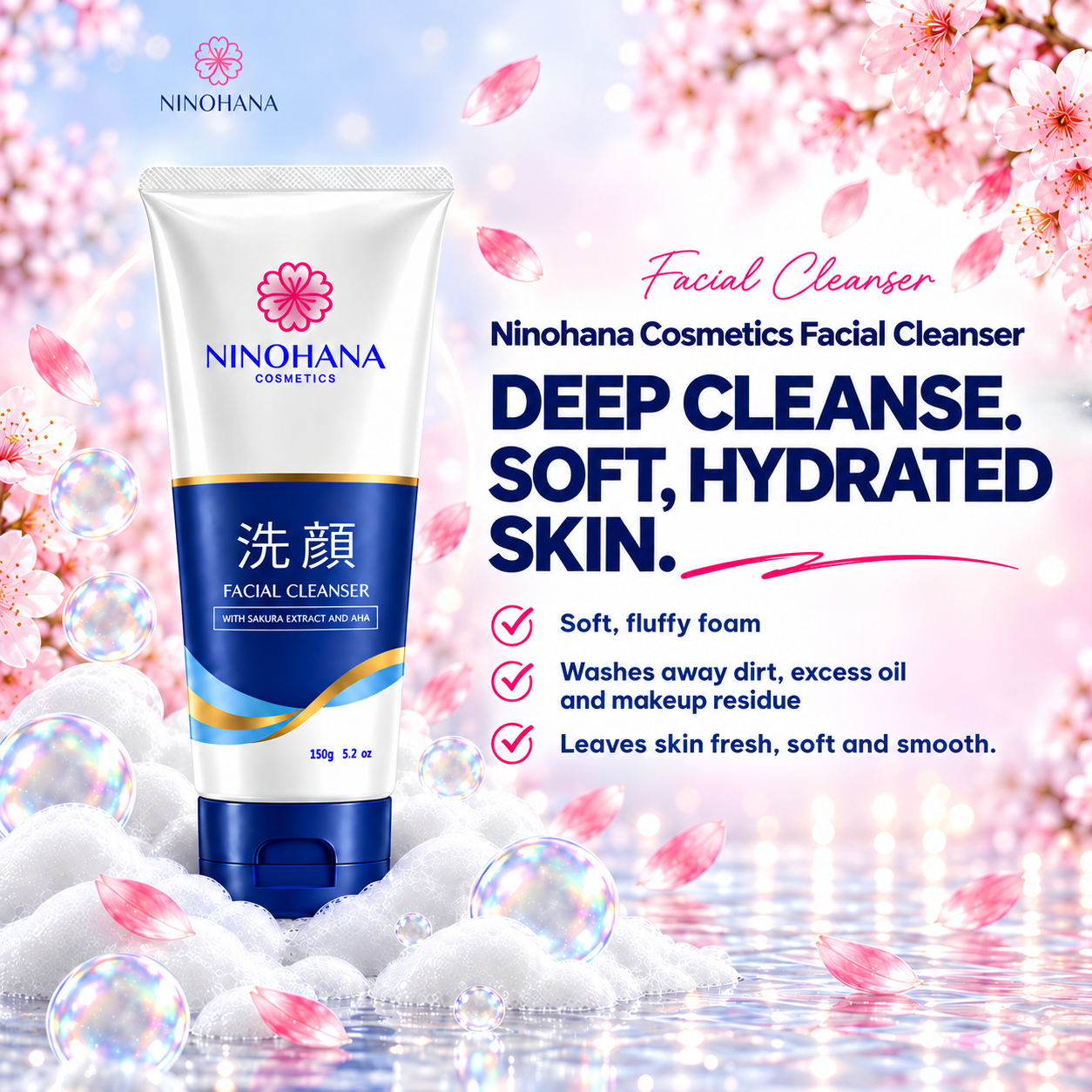 The Ninohana cleanser cleanses deeply and hydrates